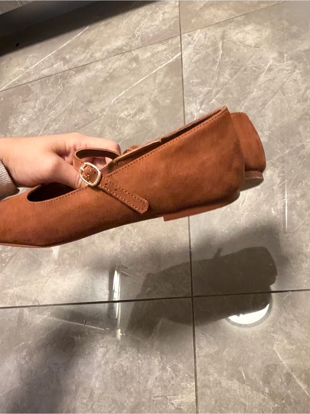 GAP Women's Chestnut Suede Mary Jane Flats with Gold Buckle - Picture 3 of 6